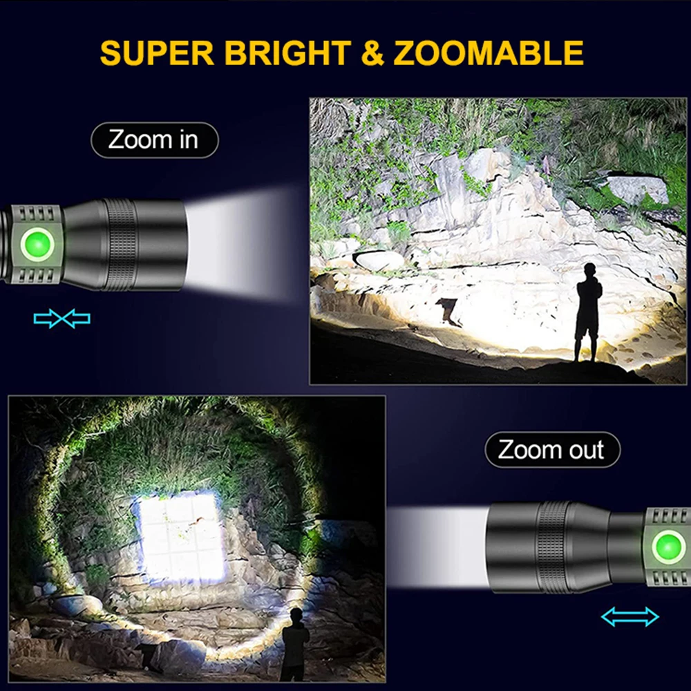 High Power Rechargeable LED Flashlight 2000 Lumens Zoomable 7 Modes USB C Fast Charging Torch Light for Camping Emergency