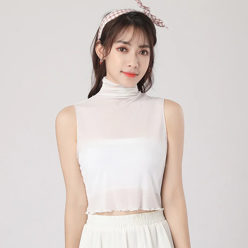 

Women's Thin Faux Half High Collar Shirt Pure White Mesh See Through Ruffled Edge Inner Base Layer