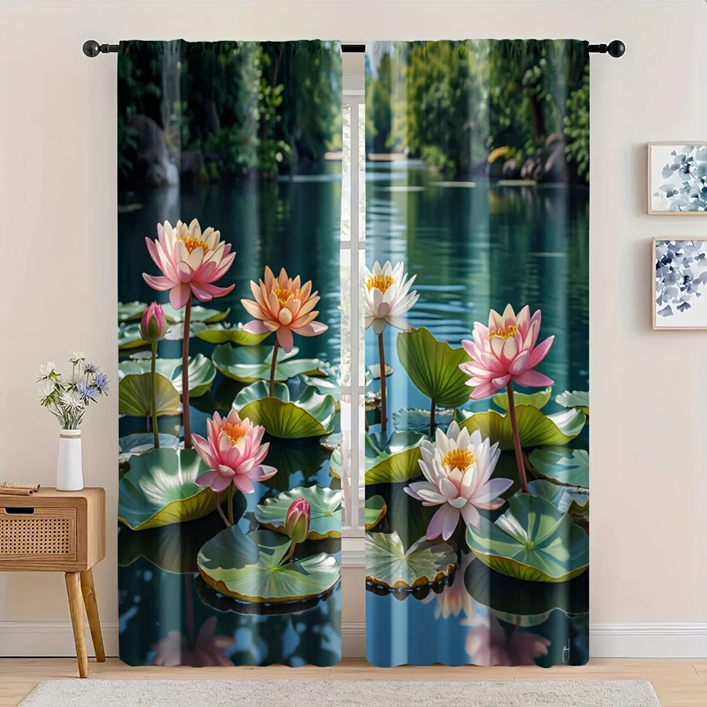 2pcs Lake View Curtains - Blackout Polyester Drapes with Serene Water and Lily Pad Design, Rod Pocket for Easy Hanging, Perfect
