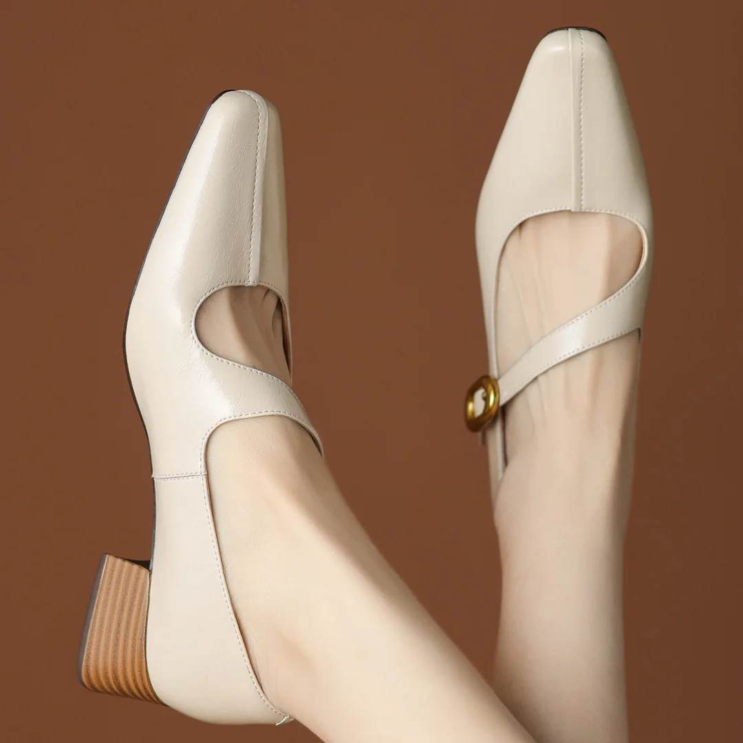 2025 Spring new women\'s genuine leather narrow band cross strap slip-on pumps elegant ladies square toe OL style heeled shoes