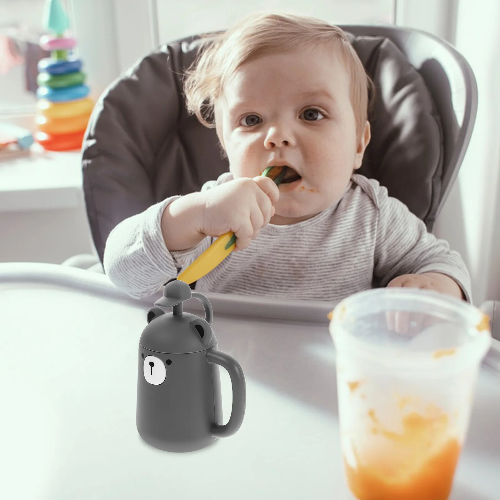 

Детская силиконовая соломенная чашка с защитой от разливов, портативная бутылочка с водой в форме мультяшного медведя для малышей, тренировочная чашка для питья