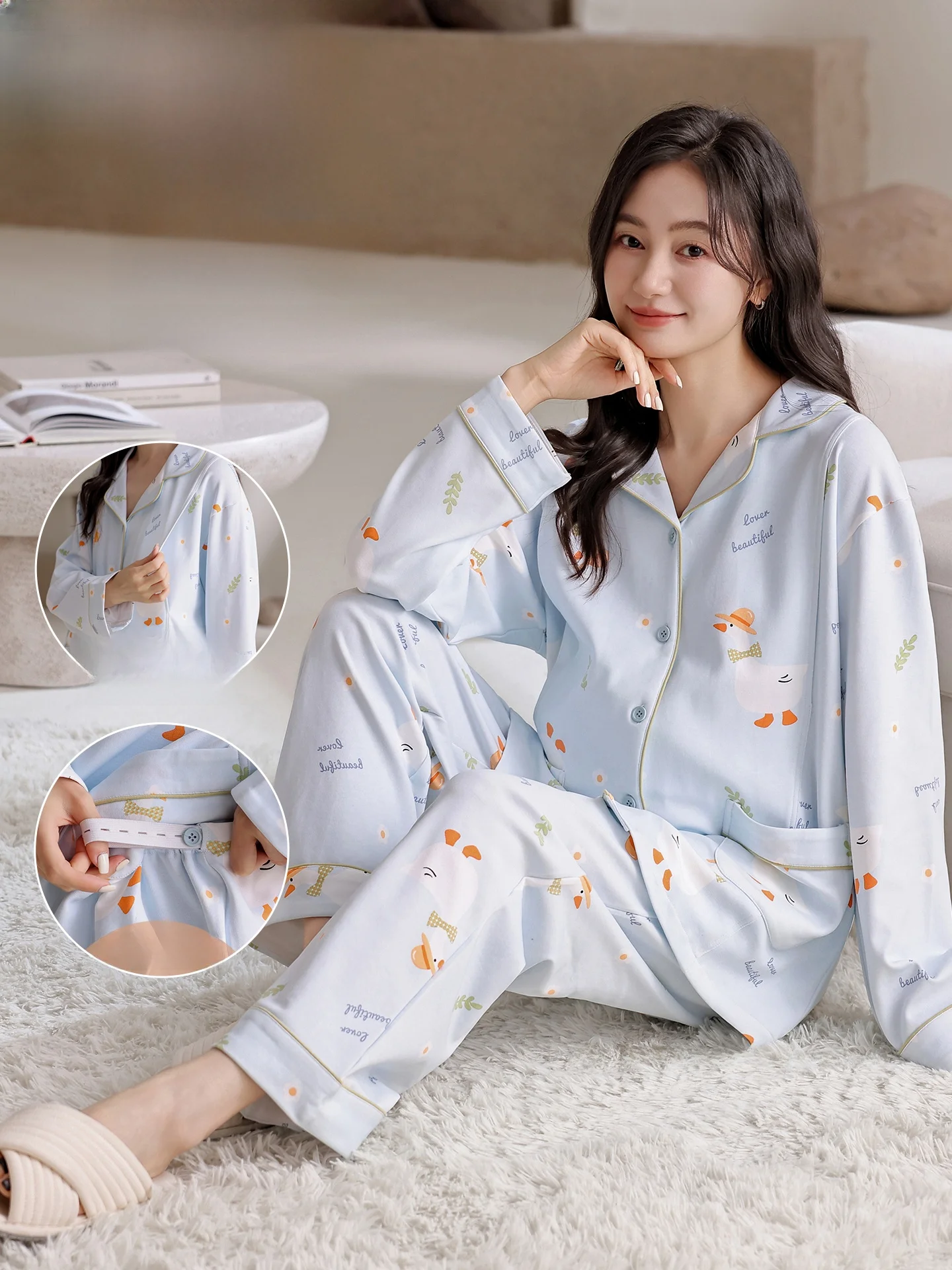 sweet-cartoon-print-pure-cotton-long-sleeve-sleepwear-women's-open-cardigan-style-maternity-postpartum-clothing-set