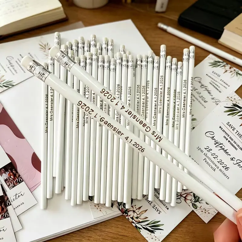 10pcs/40pcs/60pcs/120pcs custom white pencils with personalized engraving are excellent gifts for weddings, engagement ceremonies, and parties, and are also indispensable promotional items for businesses
