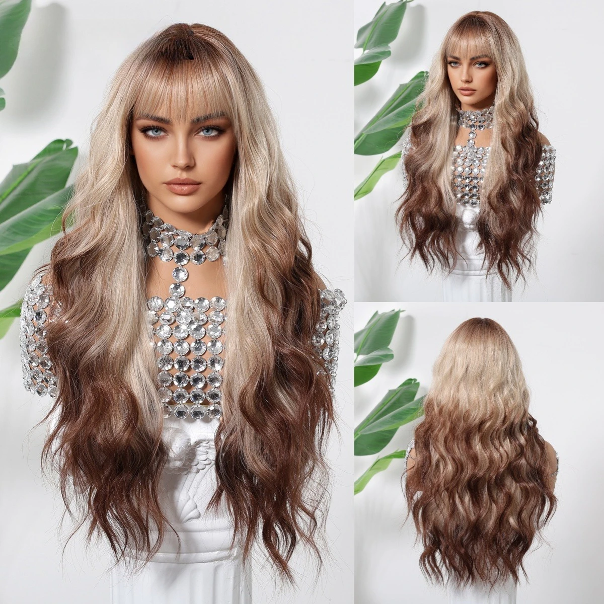 

Hot-selling Paris painting dye fashion wig air bangs long curly hair big waves blond gradual change full headgear women
