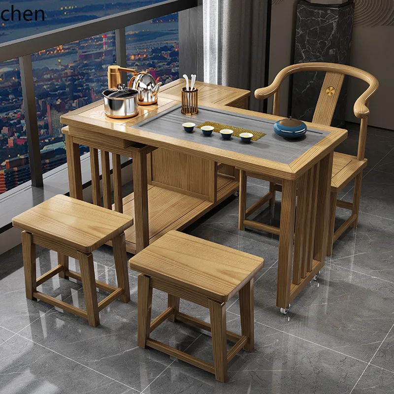 ZML Solid Wood Balcony Tea Table and Chair Set for Home Use, Chinese Style Small Tea Table, Leisure Small Tea Table