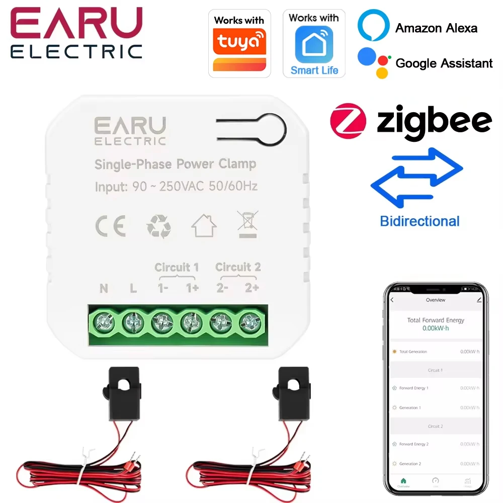 EARU 1 2 Phase Channel Tuya App ZigBee Smart Bidirectional Monitor Current Voltage kWh PV Solar Power Energy Meter with CT Clamp