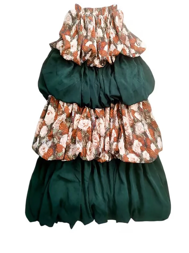 TIYIHAILEY-تنورة نسائية طويلة ماكسي كعكة مرونة الخصر الزهور الخضراء المرقعة طبقات الصيف الربيع 2025 موضة جديدة