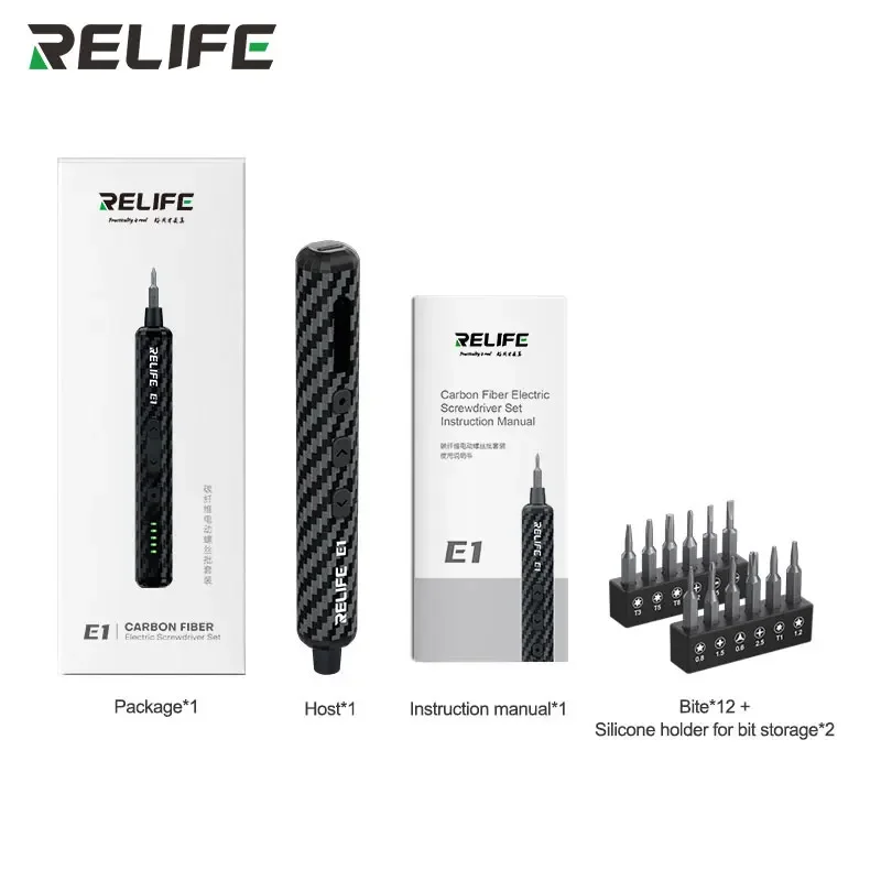 RELIFE E1 Set di cacciaviti elettrici a coppia in fibra di carbonio con 12 punte adatti per strumenti di riparazione per lo smontaggio delle viti del telefono cellulare