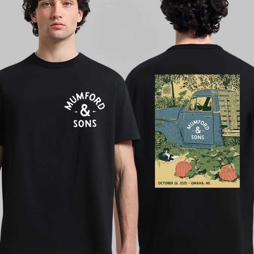 Mumford & Sons Retro Farm Truck and Cat Print Tee Folk Band Streetwear Casual Unisex Top