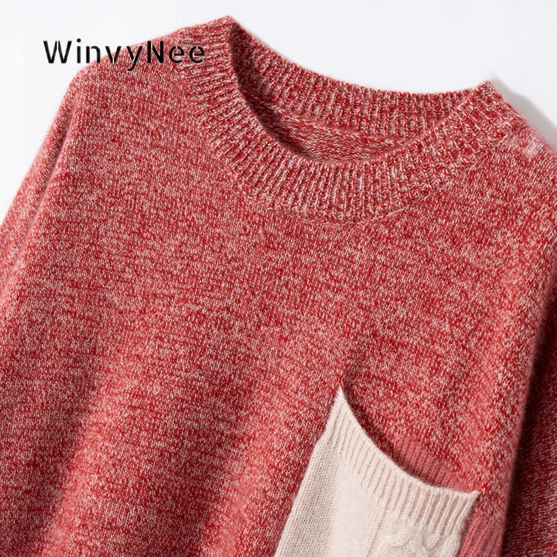 WinvyNee Women Jumper Cashmere Patch Pocket Knit Top Winter Cozy Soft Chic Warm Thick Elegant Urban Fashion Style Daily C1044062