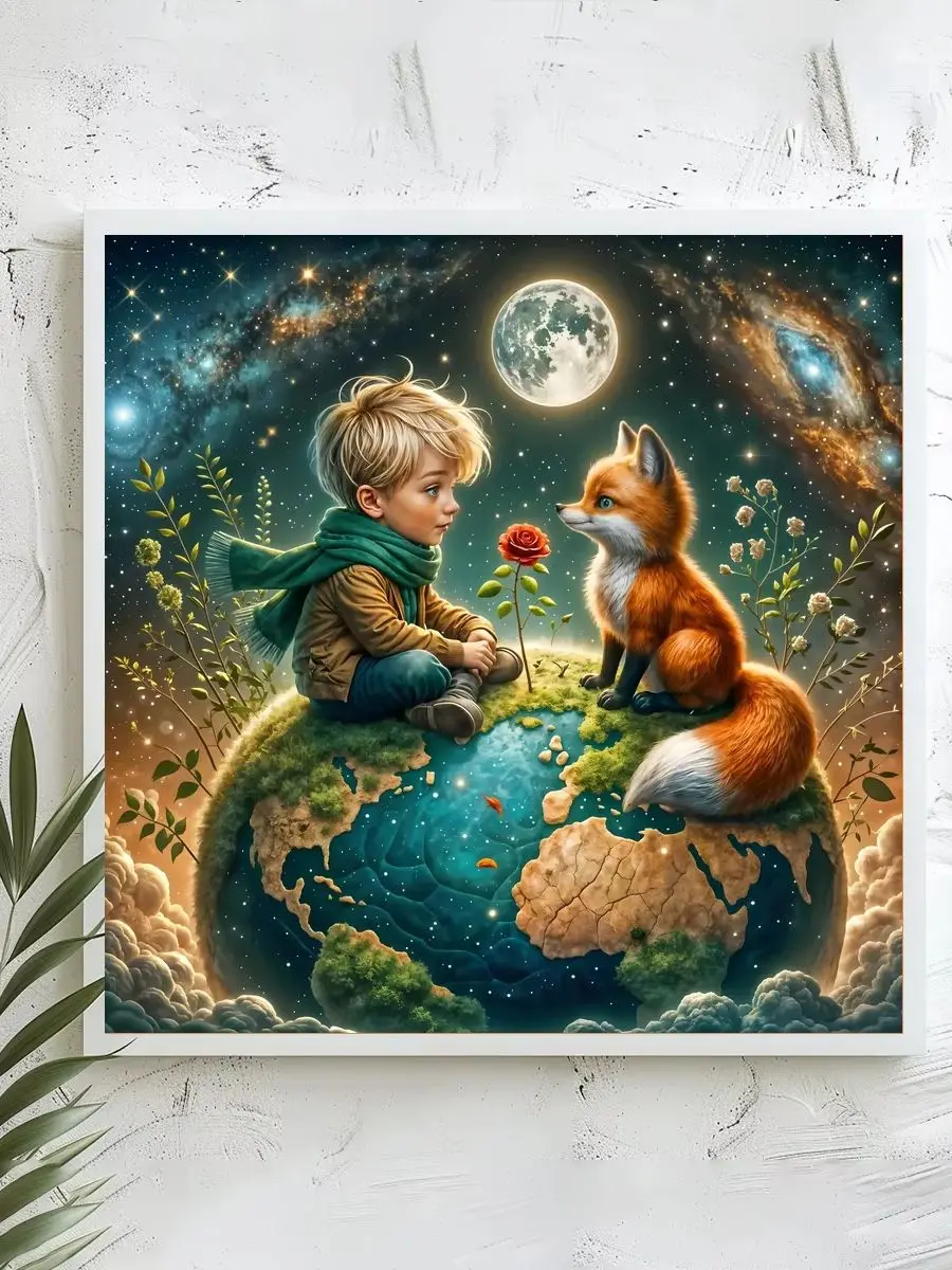 1 Stück 40x40 cm/15,74 Zoll, 11Ct/14Ct Kreuzstich-Set, DIY-Valentinstagsgeschenk, Stickerei-Set für Festivals, Junge und Fuchs auf der Erde – Detail 1
