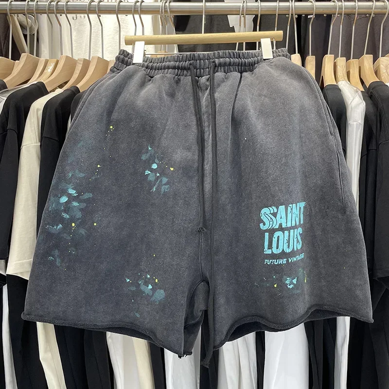 SAINT LOUIS Clothing Handmade Ink Spray Retro Style Loop Fabric Summer Men's and Women's Casual Shorts Wash Black High Quality