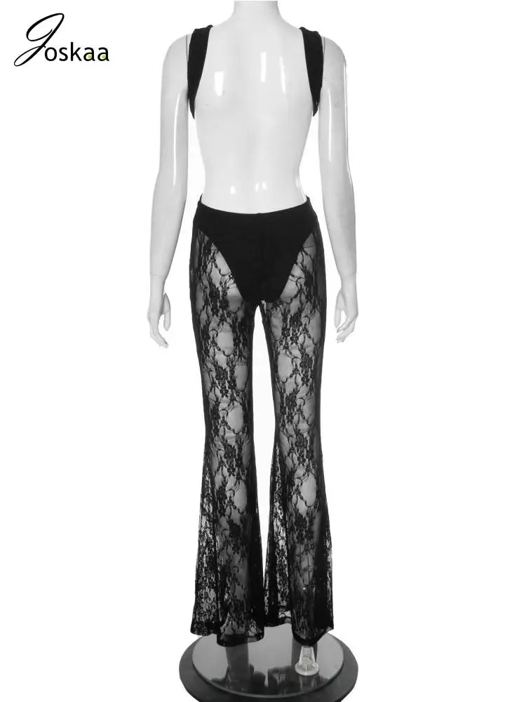 Joskaa Lace Patchwork See Through Black Jumpsuit Women Hipster Sexy Backless Skinny One Piece Rompers Coquette Midnight Clubwear