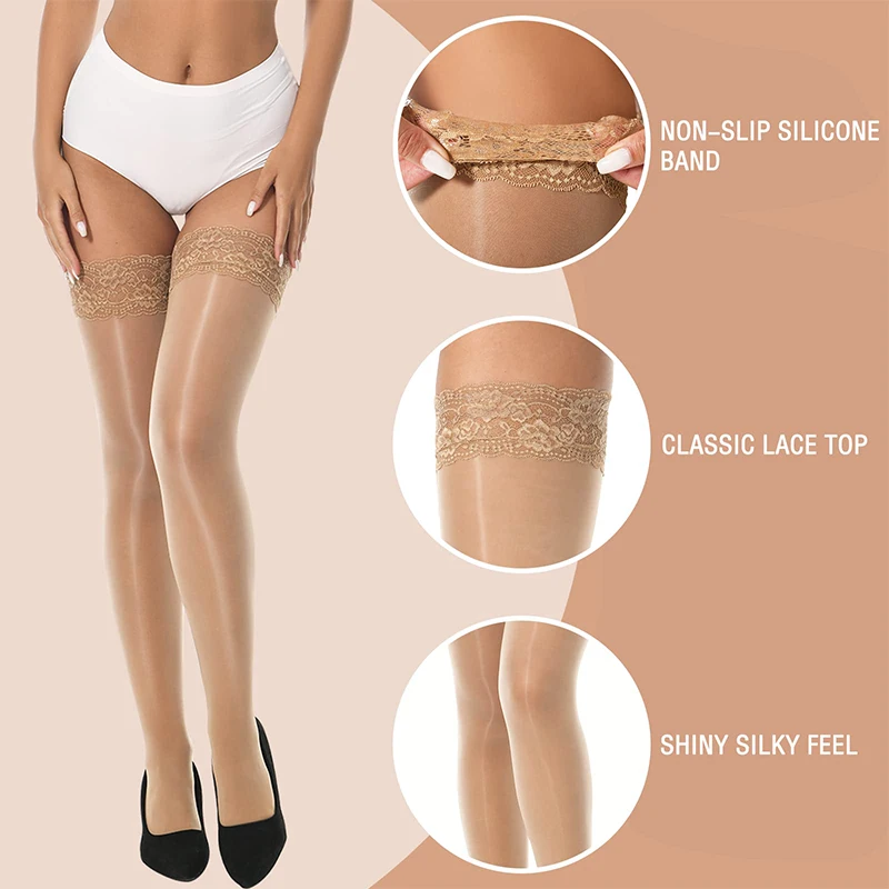 1 Pair Women's Shiny Silky Stockings Horse Oil High Tights With Silicone Lace Top Summer Sexy Elastic High Socks image 5