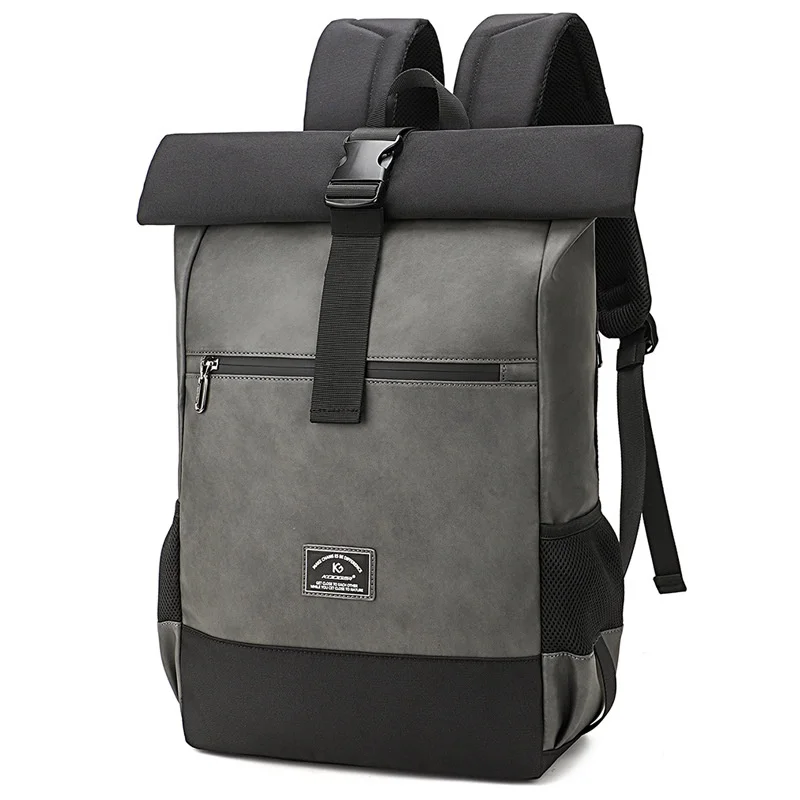 Men's Fashion Business Travel Backpack Waterproof Large Capacity 15.6 Inch Laptop Bag Lightweight PU Leather Roll Top Rucksack