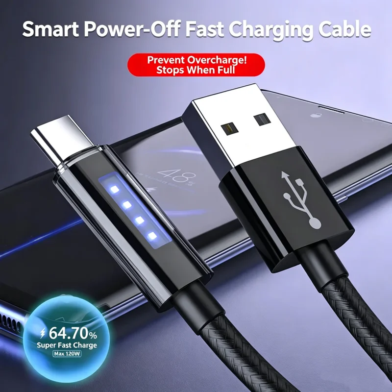 120W LED Glow Indicator USB A to Type C Fast Charging Cable Smart Auto Power Off Anti Overcharge Braided Cord 1M 1.8M Black