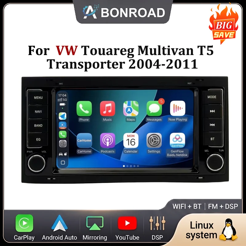 7 Inch Wireless CarPlay Android Auto Car Radio For VW Touareg Multivan T5 Transporter 2004-2011 GPS Navigation FM DSP Multimedia Stereo Player Camera