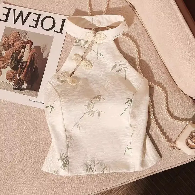 

Chinese Style White Hanging Neck Camisole Vest for Women Summer Outerwear Slim Fit Off Shoulder Backless Sleeveless Crop Top