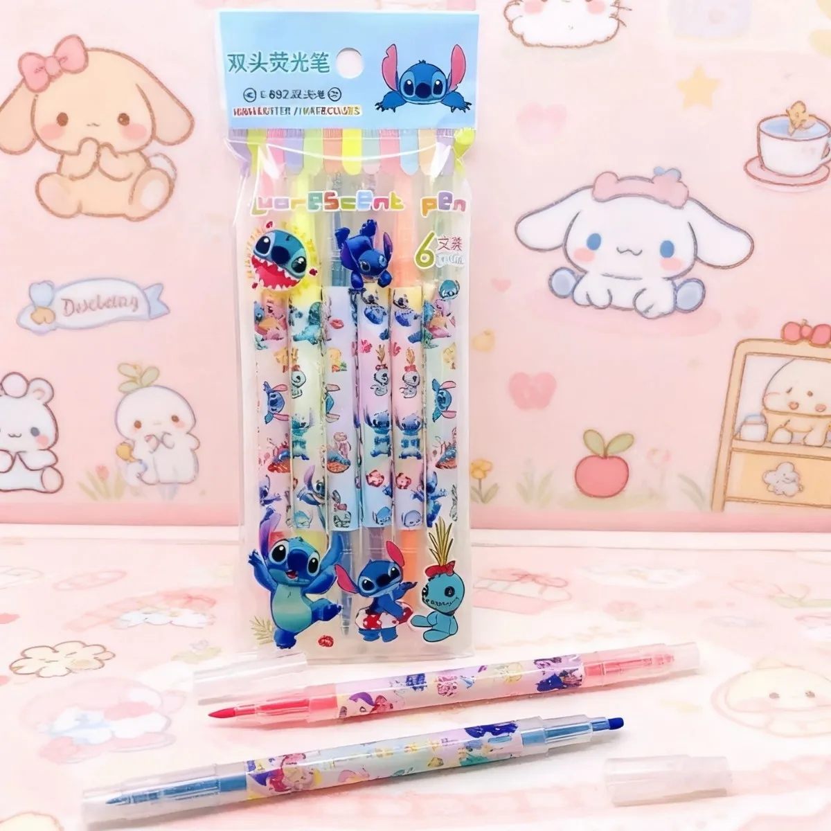 6pcs/set Disney Stitch Double Ended Highlighter Drawing Graffiti Markers Student Supplies Stationery Christmars Gifts