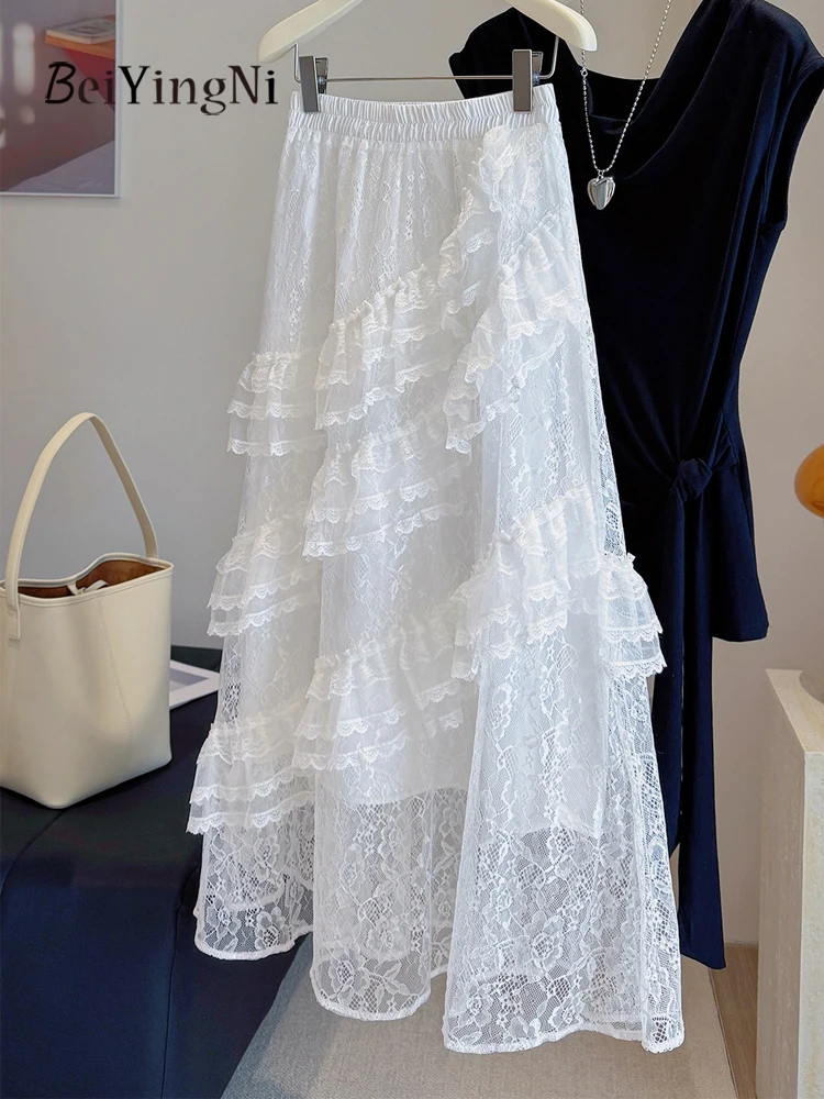 

Beiyingni Korean Luxury White Lace A-line Skirts Women Irregular Casual Charming Long Midi Cake Skirt Female Chic Lining Faldas