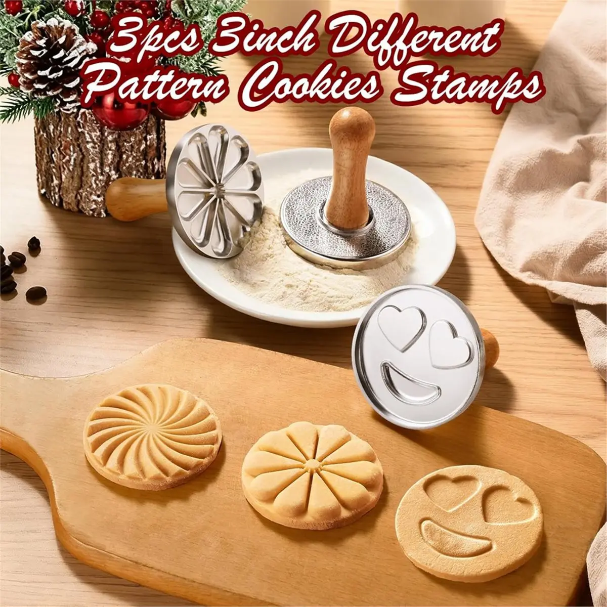 3pcs Cookie Stamps, Metal Christmas Cookies Cutter Mold with Wooden Handle, Cookie Decorating Supplies