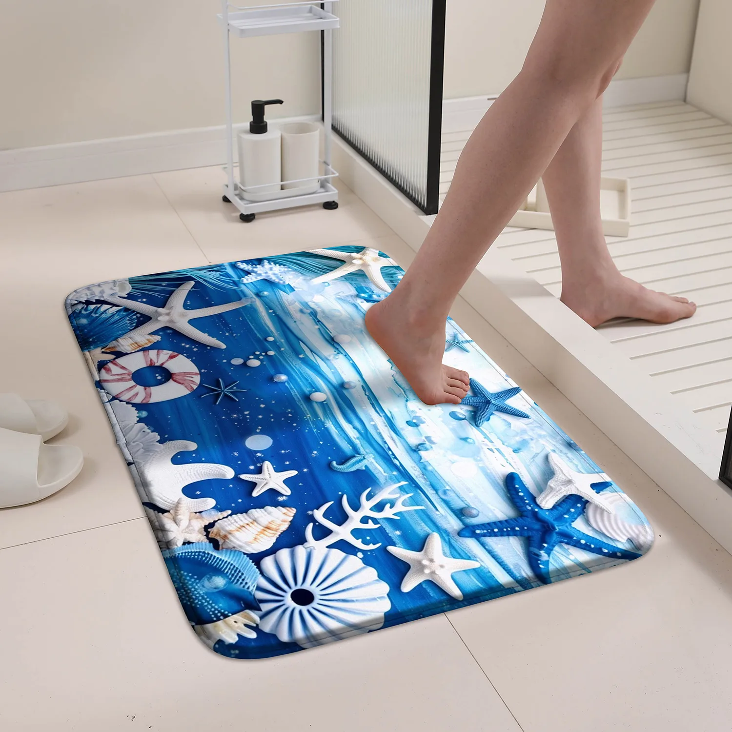 قطعة واحدة من قشرة شاطئ المحيط وطباعة نجم البحر سجادة مضادة للانزلاق سريعة الجفاف من البوليستر لسجادة المدخل الداخلي/الخارجي،