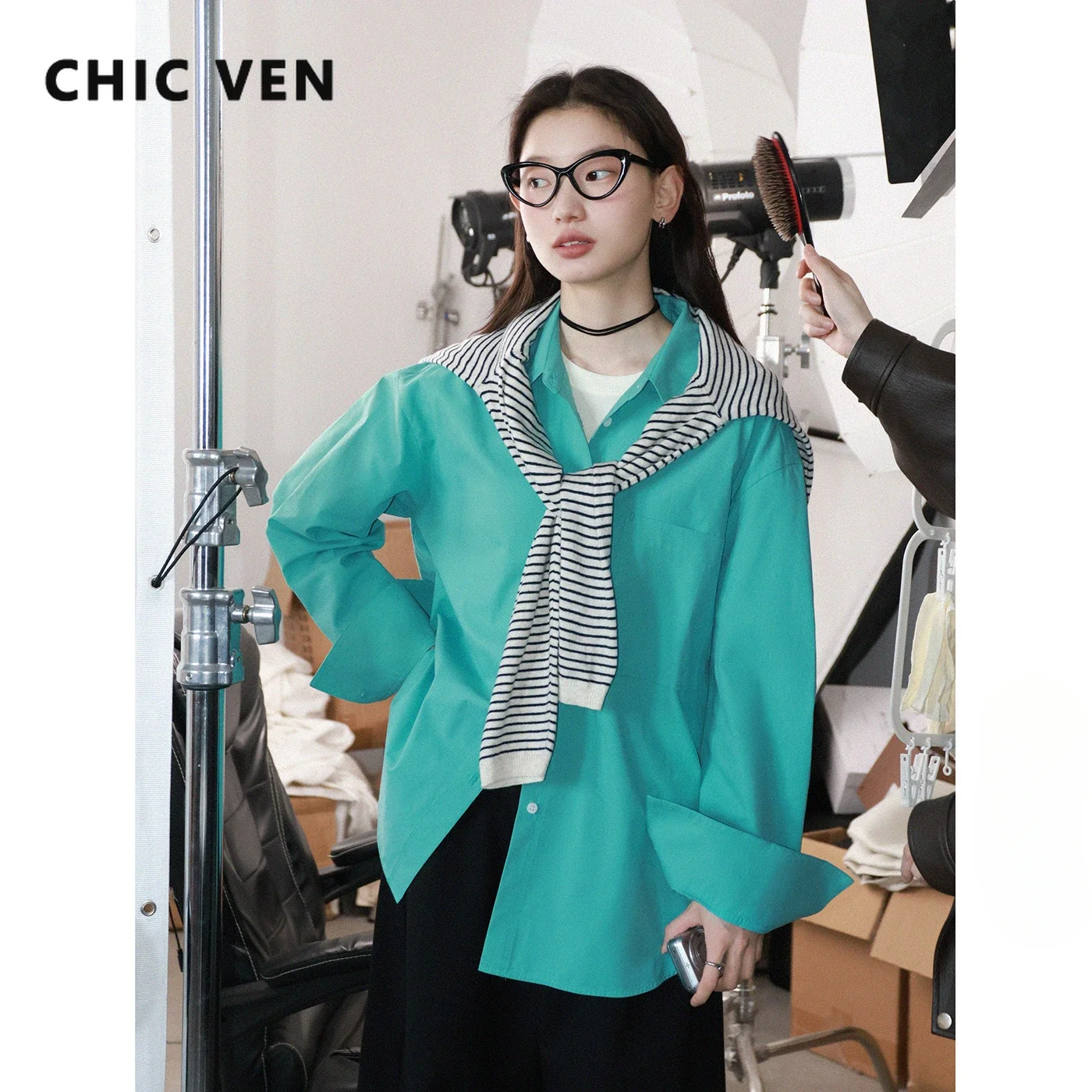 CHIC VEN 여성 셔츠 솔리드 긴 소매 느슨한 싱글 브레스트 여성 블라우스 여성 코튼 봄 여름 2025 의류