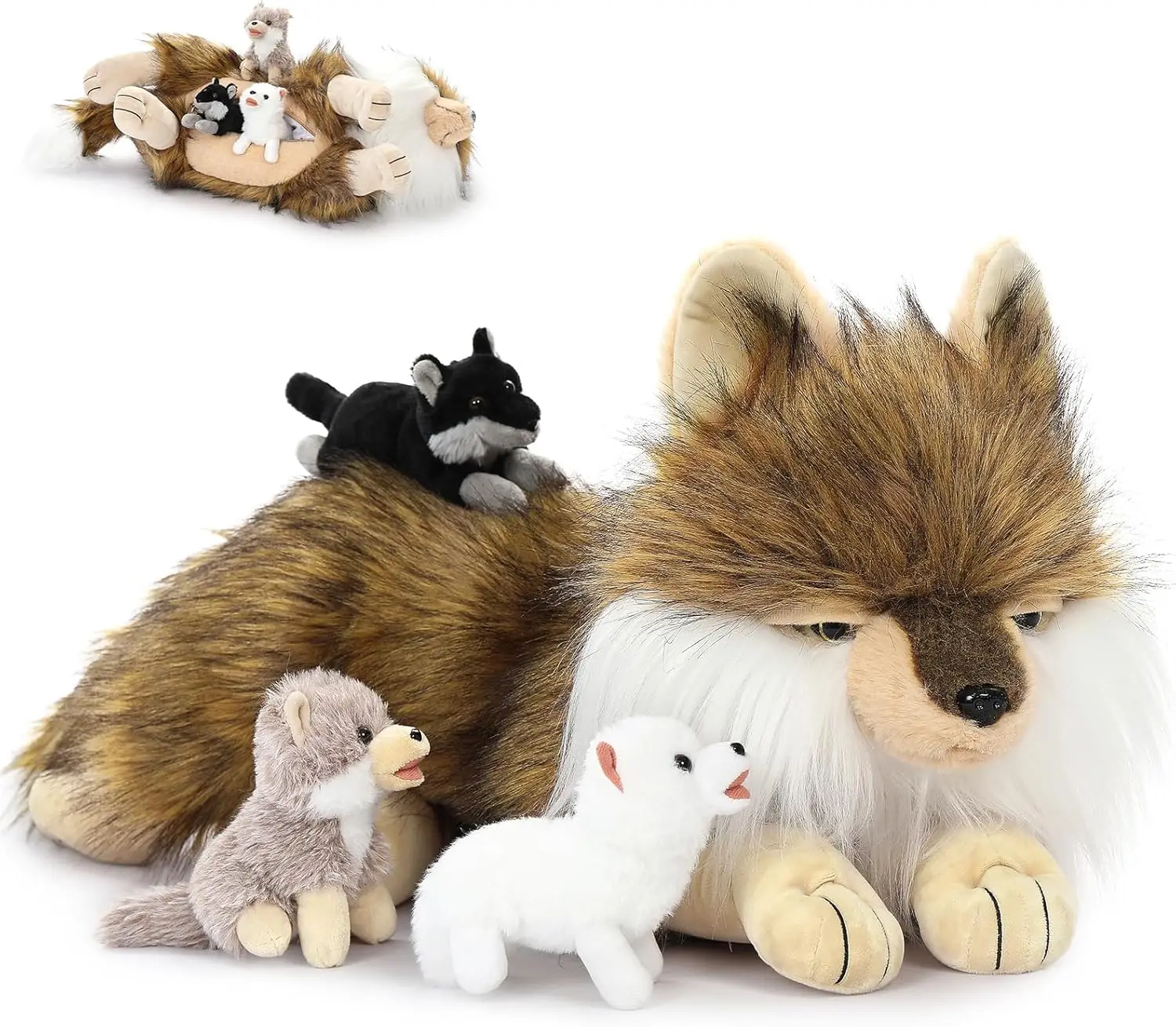 

29 Inch Giant Wolf Stuffed Animal Plush with 5 Inch Babies, Stuffed Animal Wolf Mommy with 3 Cute Babies Inside