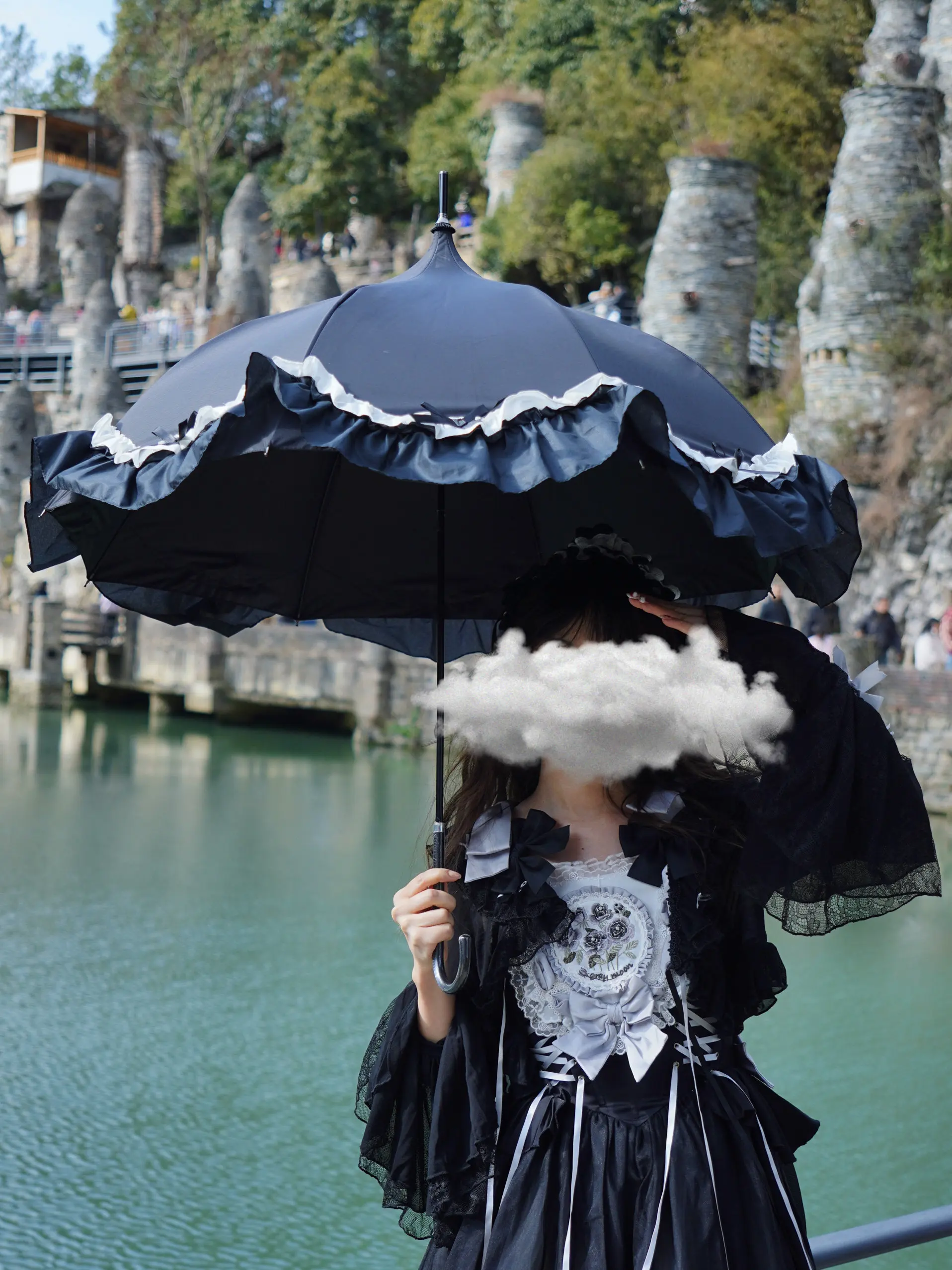 Ballet Style Long Handle Decor Parasol, Ruffle Fringe Umbrella with Black Coating, Rain & Sun Dual Use