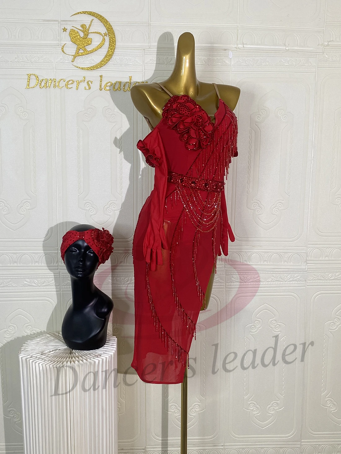 Latin Dance AB Stone Female Adult Children High end Customized Red Strap Flower Dress Black Pool Samba Performance Dress