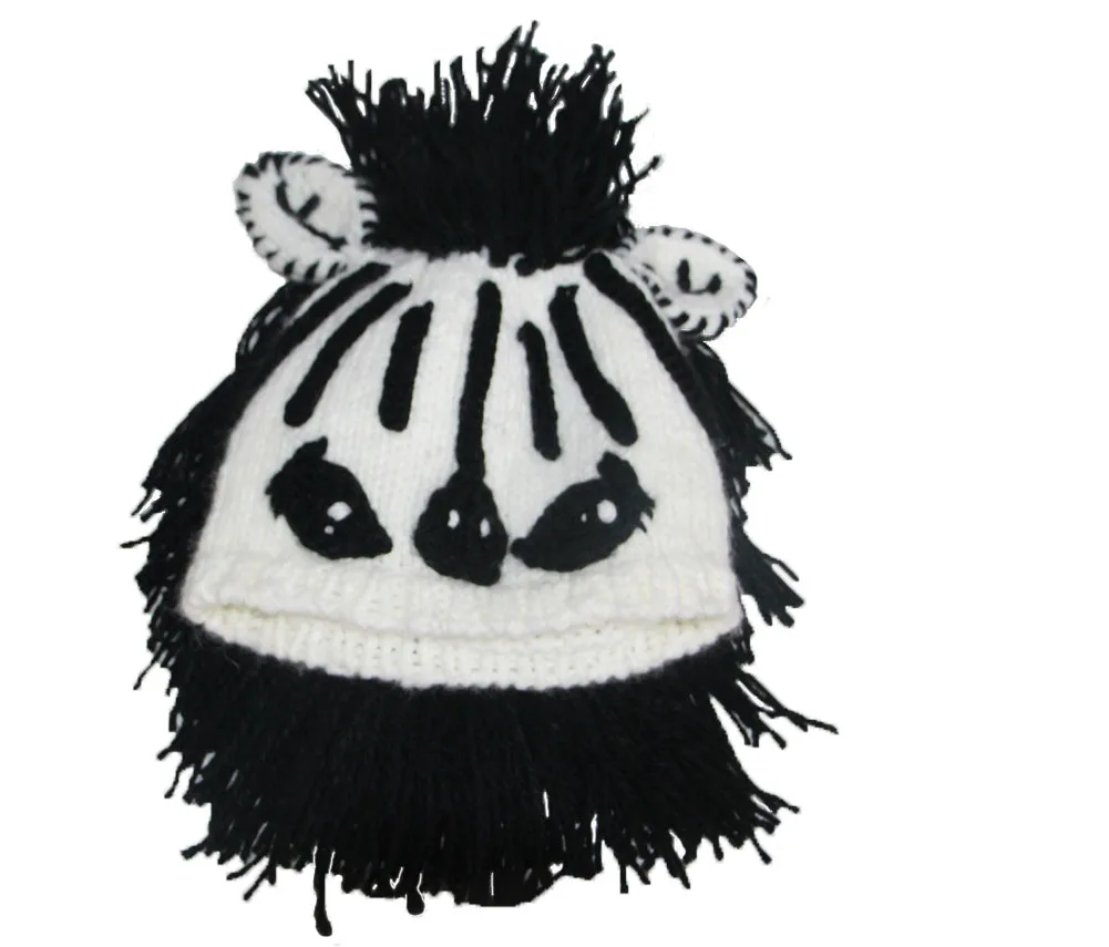 Handmade Knitted Stripes Zebra Hat with Ears Black Hair Wig Adult Kid Caps