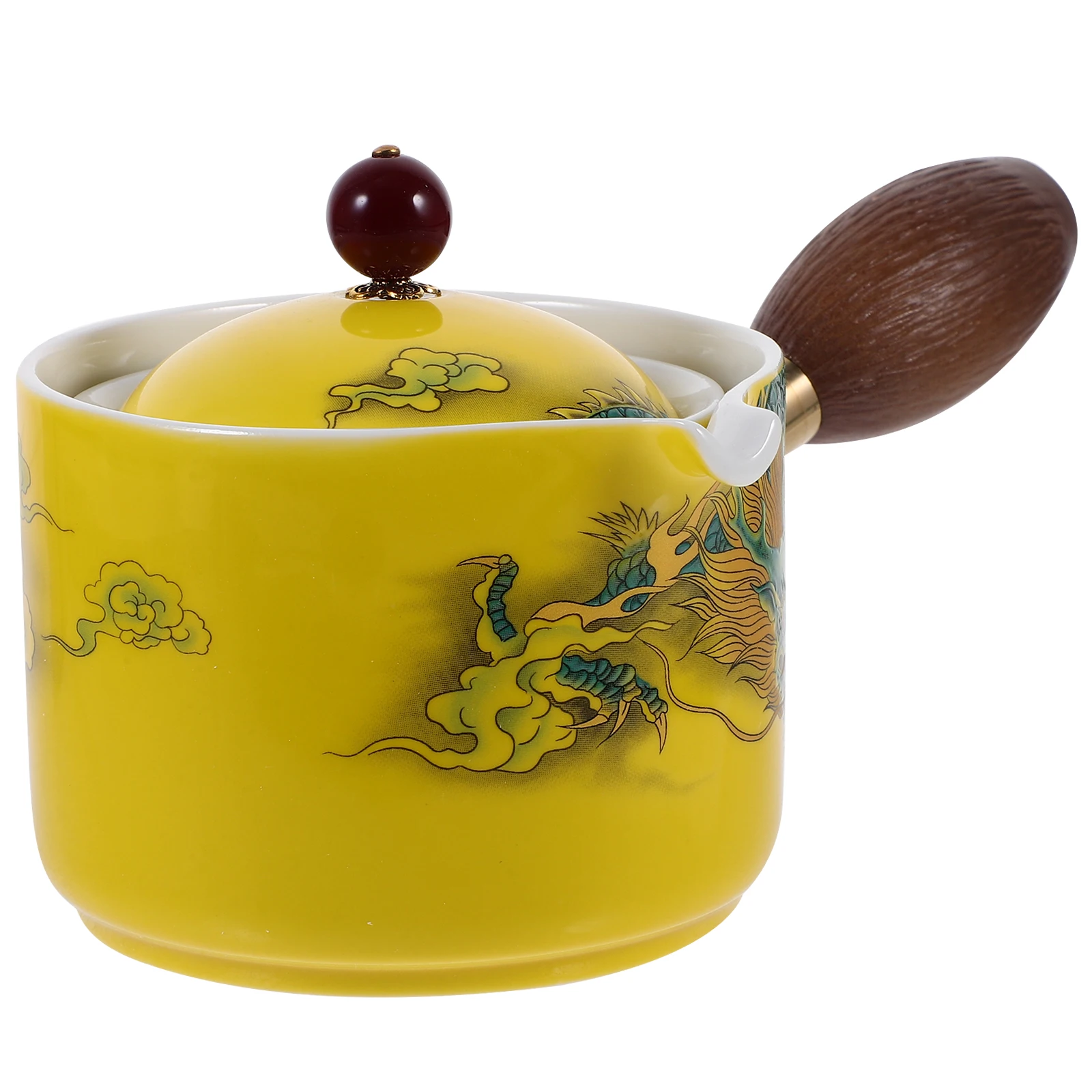 

Portable 360 Degree Rotating Ceramic Teapot Side Handle Anti-Scald Household Tea Pot Fine Craftsmanship Wooden Handle Vintage