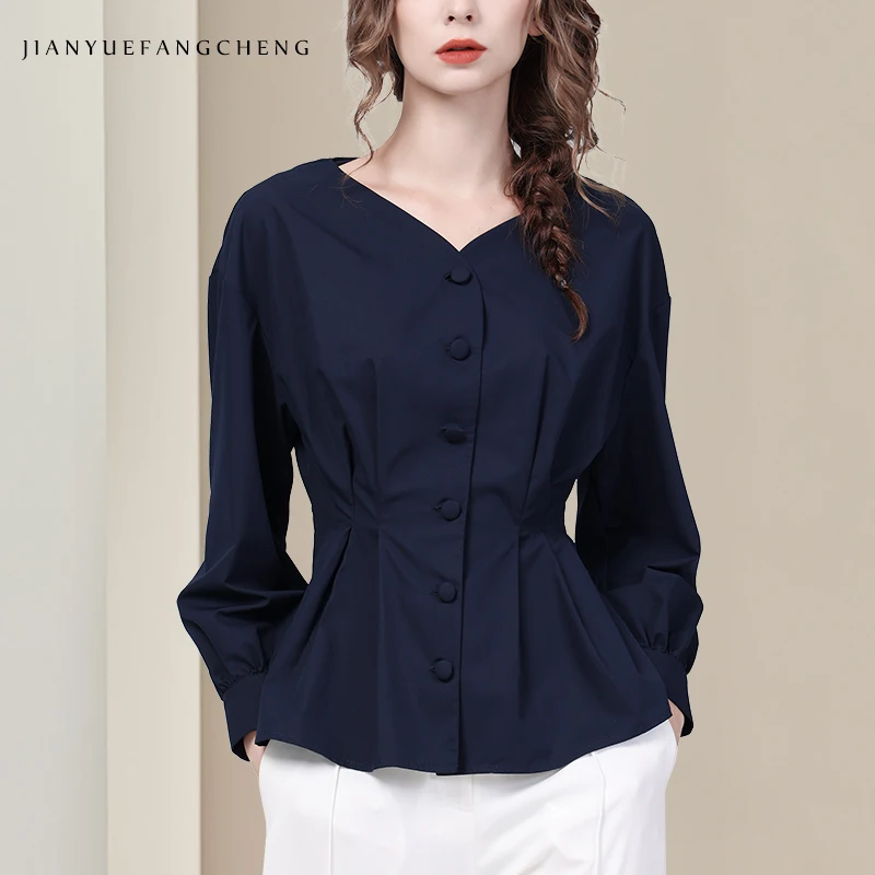 

Vintage Style Women' Long Sleeve V-Neck Dark Blue Shirt Slimming Fit Cinched Waist Spring Summer Female Button down Blouse Tops