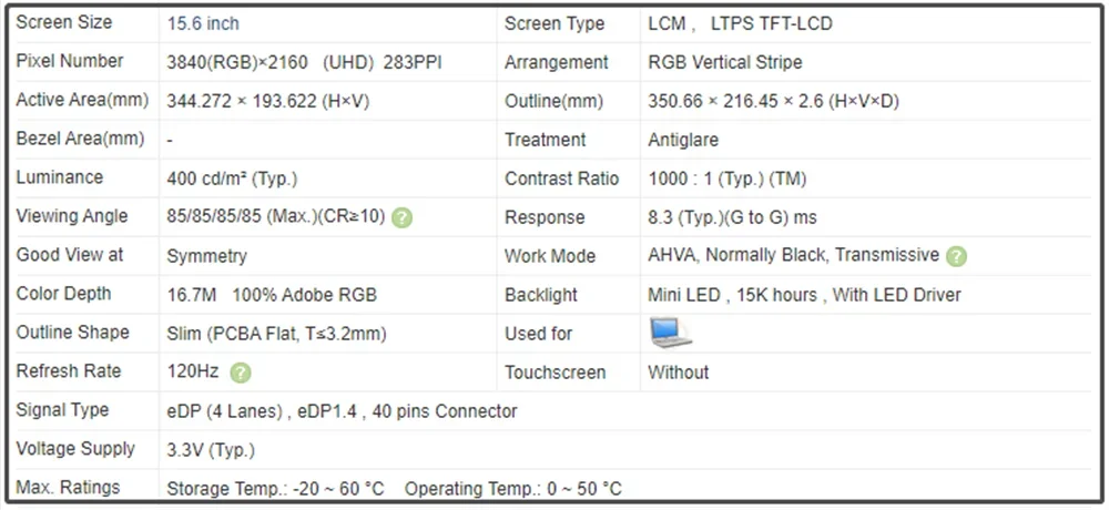 B156ZAN05.1 15.6 inch IPS Slim LCD Screen Panel UHD 3840x2160 283PPI EDP 40pins 120Hz Non-Touch