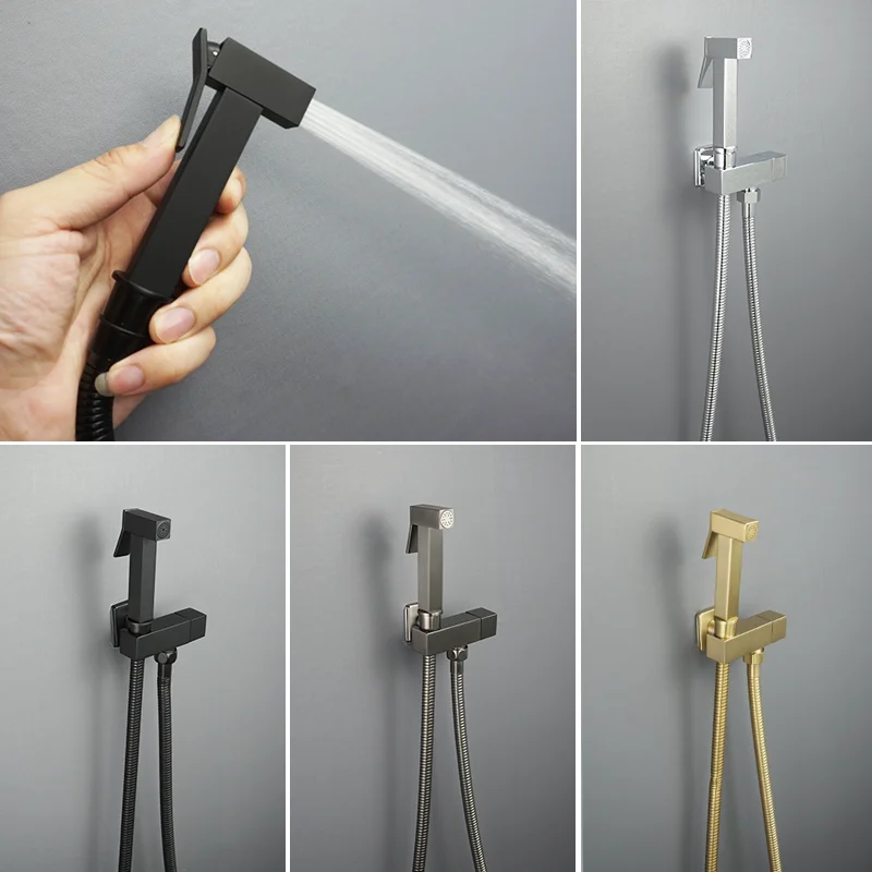 

Black Handheld Bidet Toilet Sprayer Solid Brass Single Cold Water Corner Valve Bidet Faucets Square Hand Shower Head Tap Crane