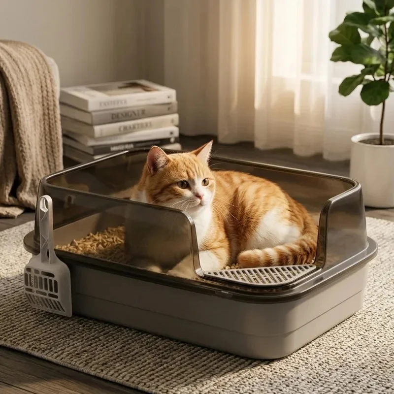 45cm Plastic Cat Litter Box Cat Toilet Semi-Enclosed Anti-Splash Cat Litter Box Supplies Large For Kittens