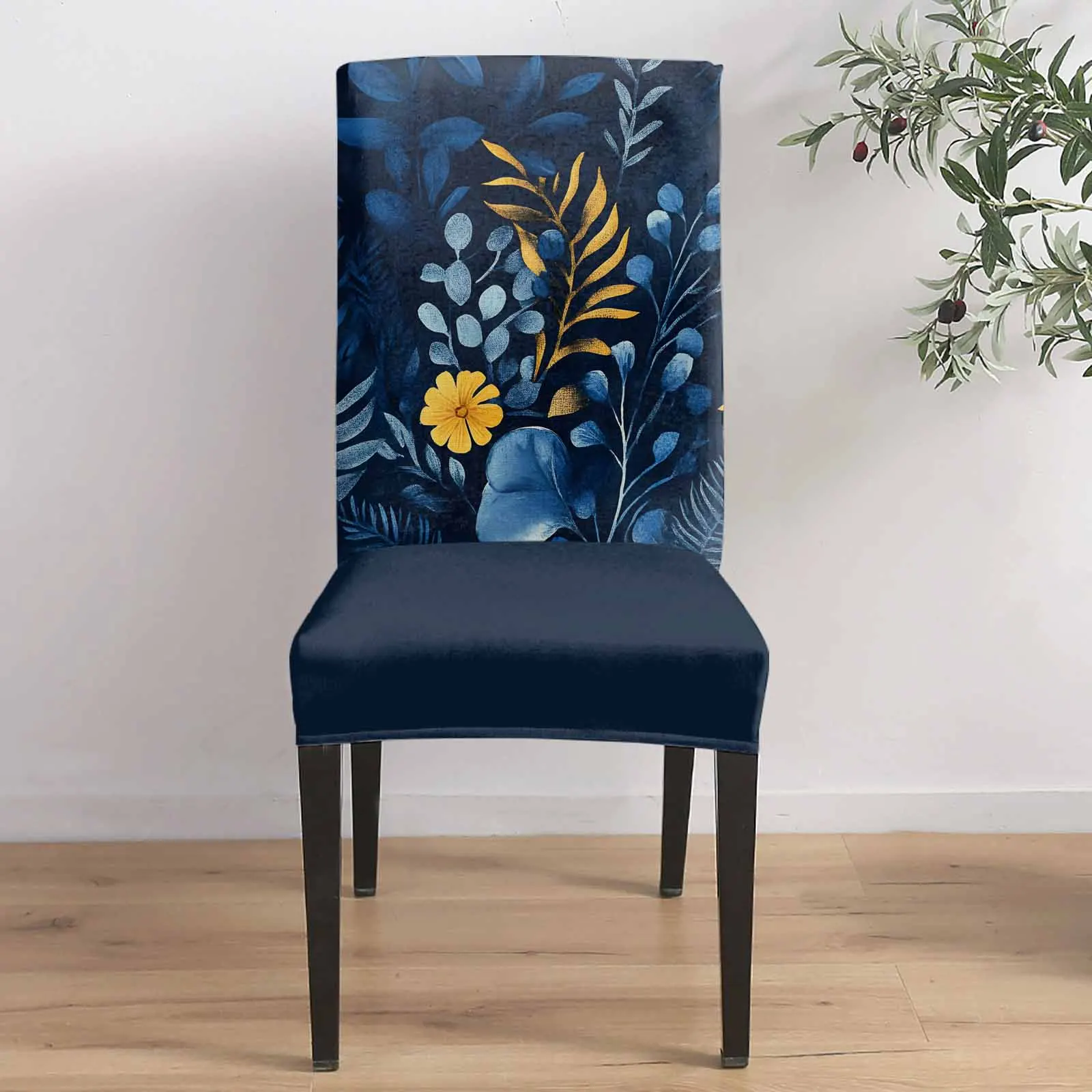 

Retro Blue Plant Chair Cover for Dining Room Spandex Stretch Seat Cover for Wedding Banquet Party Seat Case