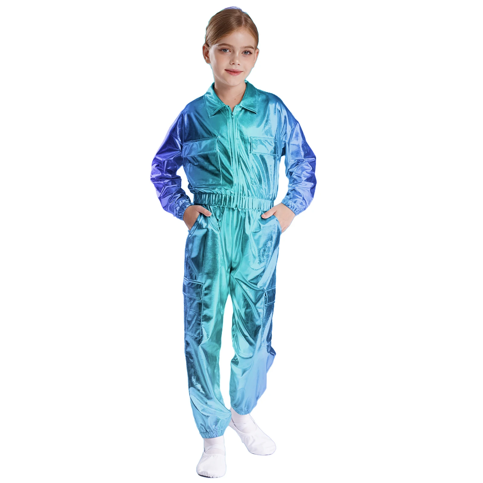 

Kids Boys Girls Hip-Hop Dance Costume Fashion Metallic Jacket Coat Long Sleeve Turn-Down Collar Outwear + Pants Sets Streetwear