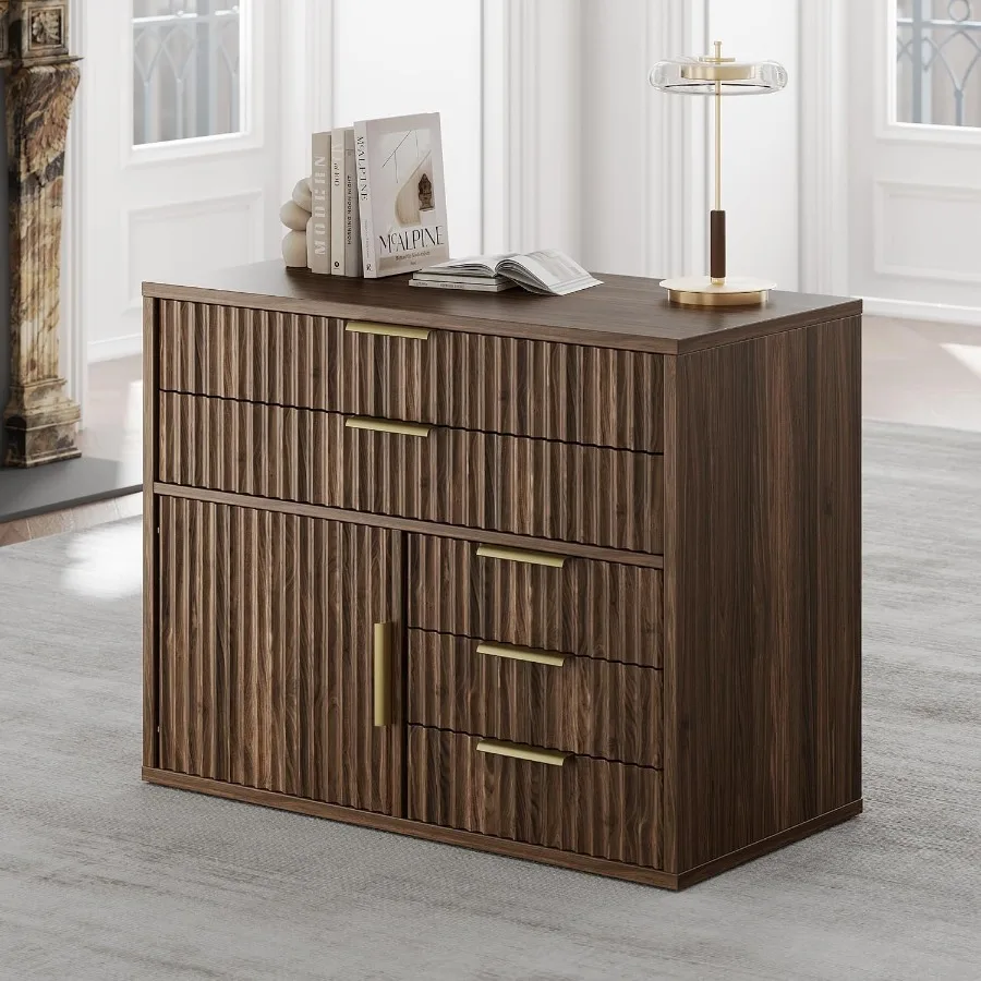 Fluted File Cabinet with 5 Drawers, Large Storage with Cabinet Door, Mobile Filing Cabinet with Locable Wheels for Home Office