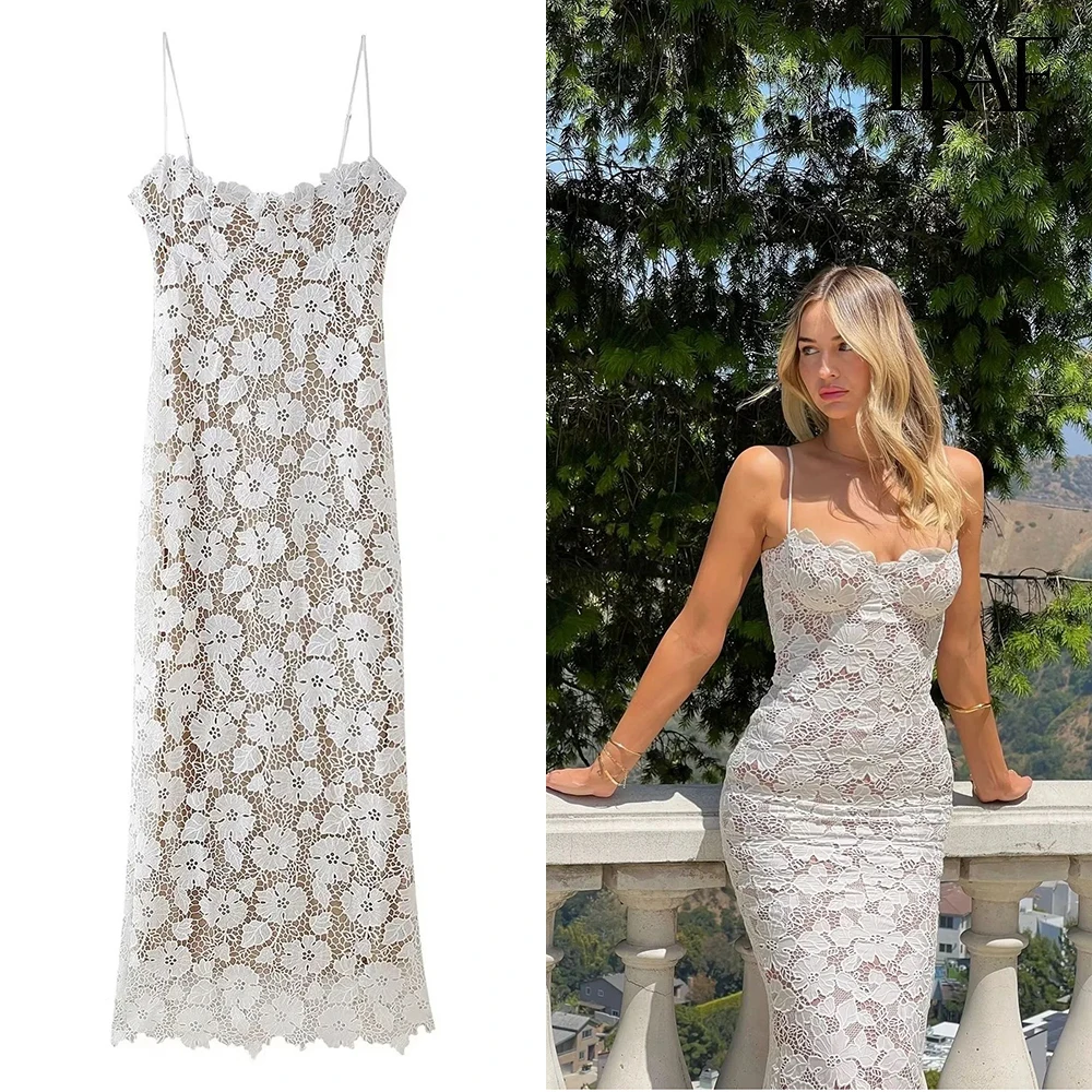 

TRAF Women's New Flower Decoration Lace Mesh Halter Dress Sleeveless Sexy Backless Long Dresses Temperament Elegant Women's
