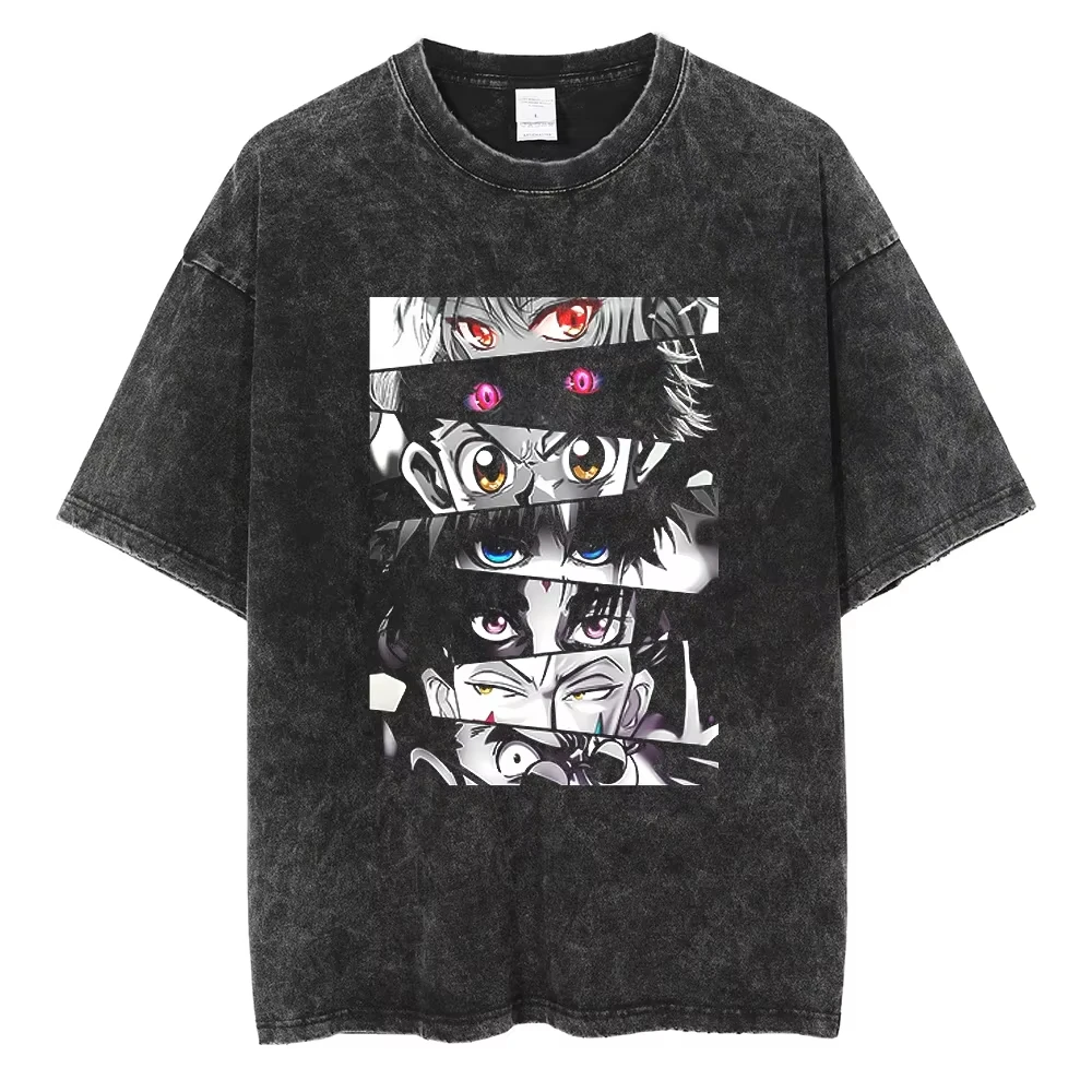 Hunter×Hunter Kurapika Manga Graphic Washed T‑shirt Unisex Hip Hop Pure Cotton Short Sleeve Casual Summer Streetwear Tops