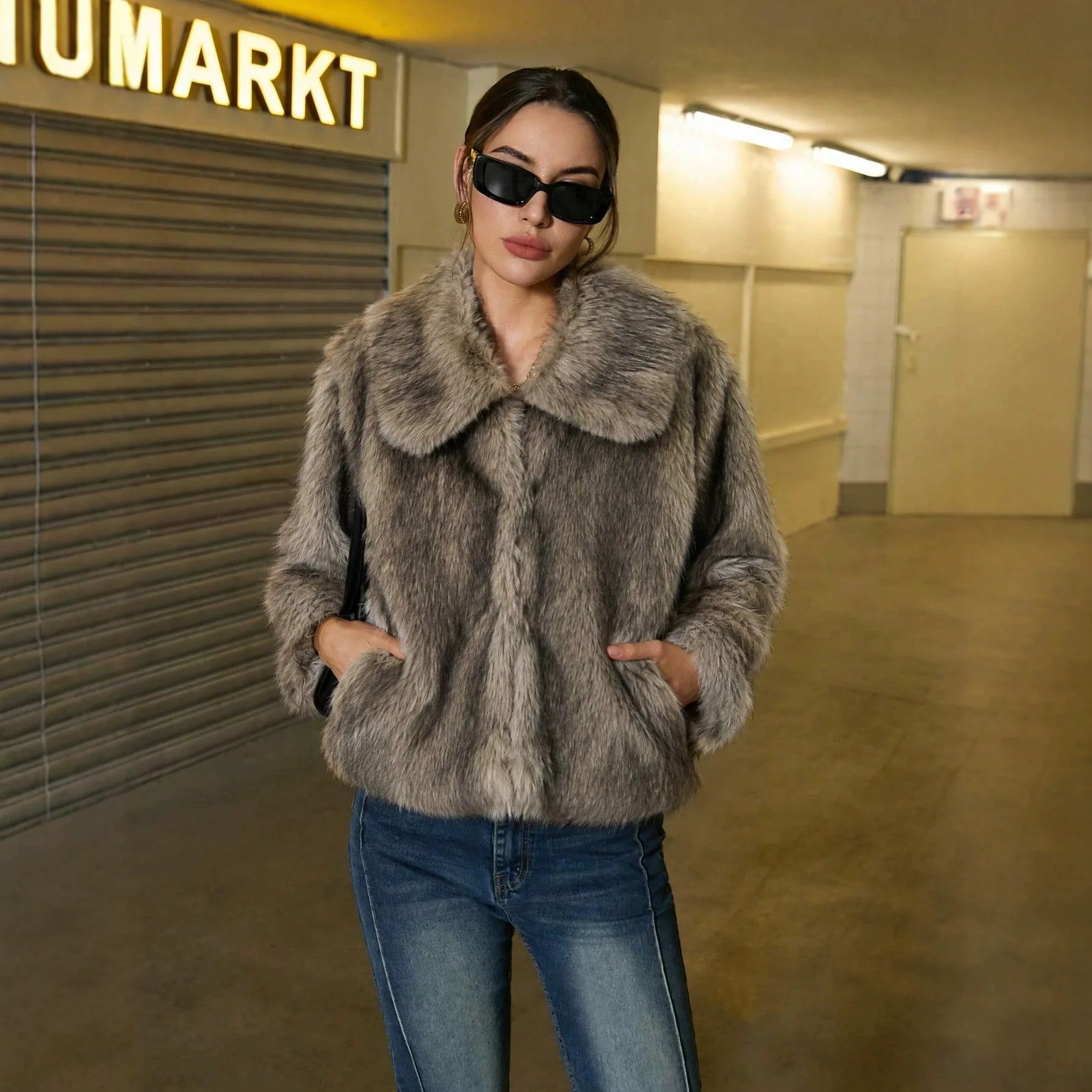 New imitation fox fur coat square collar environmentally friendly fur coat short loose women's clothing