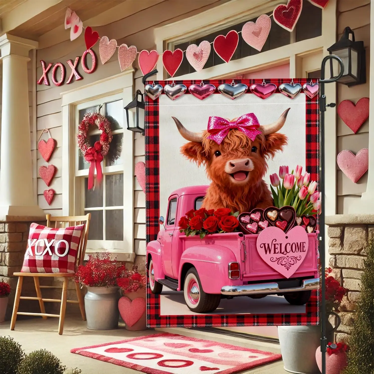 Cow Garden Flag, Festive Fanciful Truck Roses Valentine'S Day Peach Double Sided Burlap Yard Decorative Flags for Outdoo FFL IIC