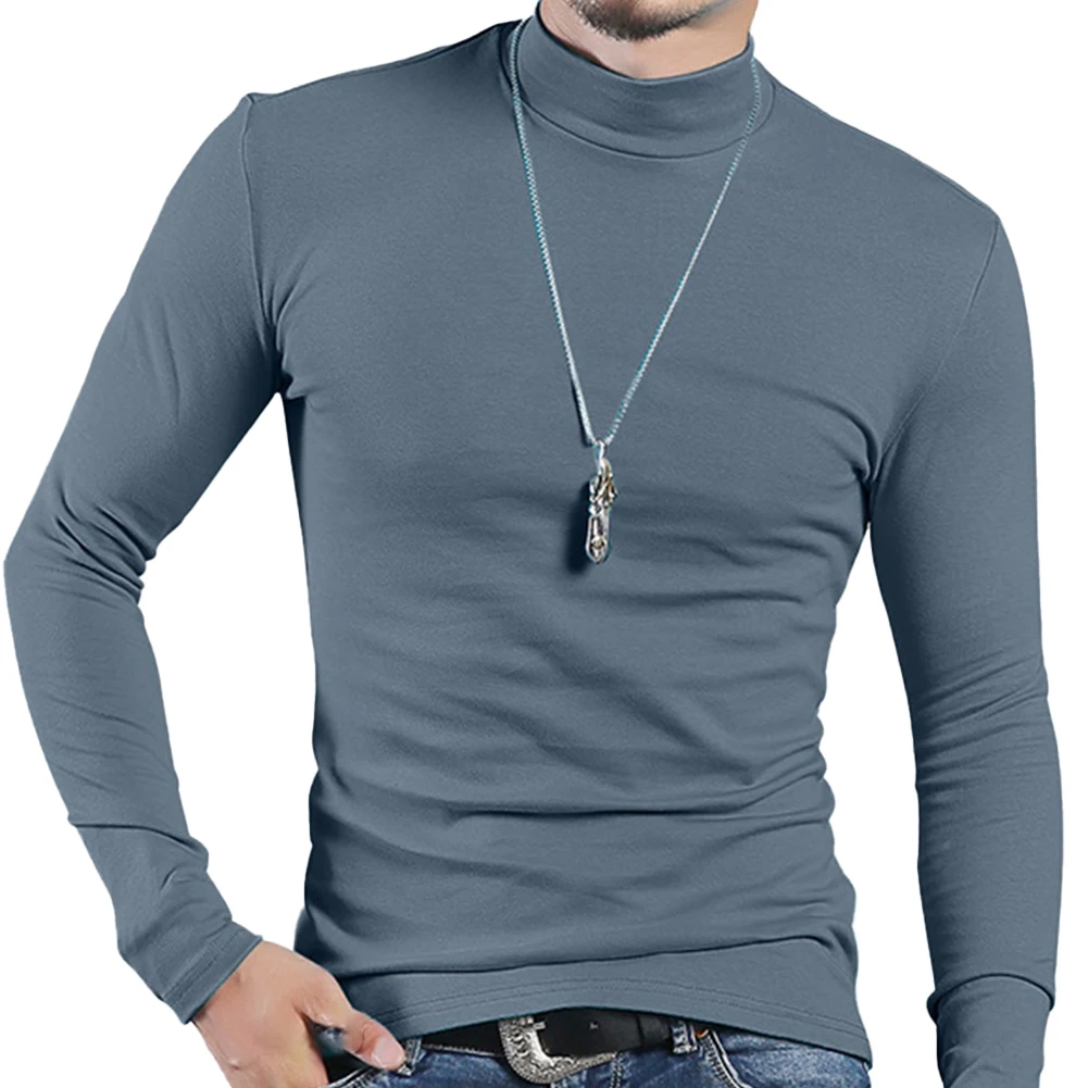 Autumn Winter Men\'s Half Turtleneck T-Shirts Solid Color Pullovers Top Long Sleeve T-Shirt Slim Fit Tees Men Undershirt