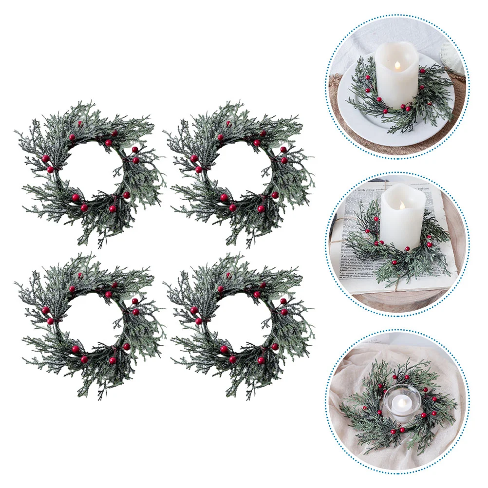 4pcs Christmas Rings Artificial Red Berries Snowy Pine Needles Garlands Pillar Wreaths rings wreaths