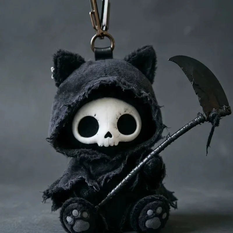 Grim Reaper Cat Plush Keychain Creative Gothic Horror Black Skull Backpack Pendant Soft Stuffed Plush Ornament For Gothic Lovers