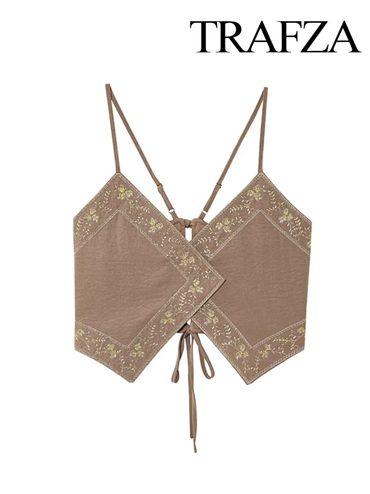 TRAFZA Female Summer Sexy Sling Tops Light Brown V-Neck Sleeveless Embroidery Lace-Up Decoration Women's Fashion Short Tops image 6