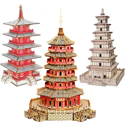 DIY 3D Jigsaw Leifeng Pagoda Wooden Puzzle Wenchang Tower Building Model Game Assembly Constructor Toys For Children Gift