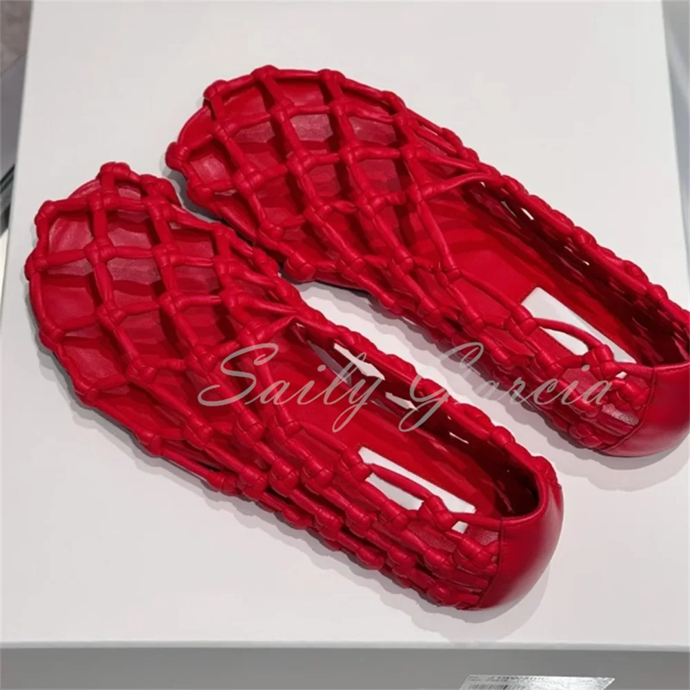 

Red Woven Mesh Hollow Flat Bottomed Round Toe Summer Sandals Women Trendy Solid Color Hollow Slip On Newest Ballet Sandals