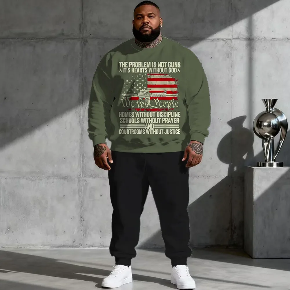Men's Plus Size Crewneck Sweatshirt and Joggers Set, Rifle and American Flag Print with Faith and Political Slogan Artwork S-9XL